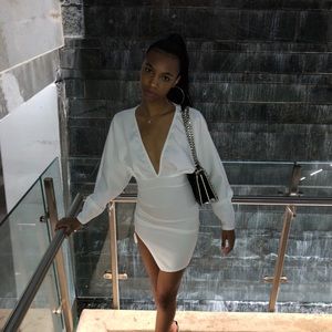 Long sleeve, deep v cut white mini dress
